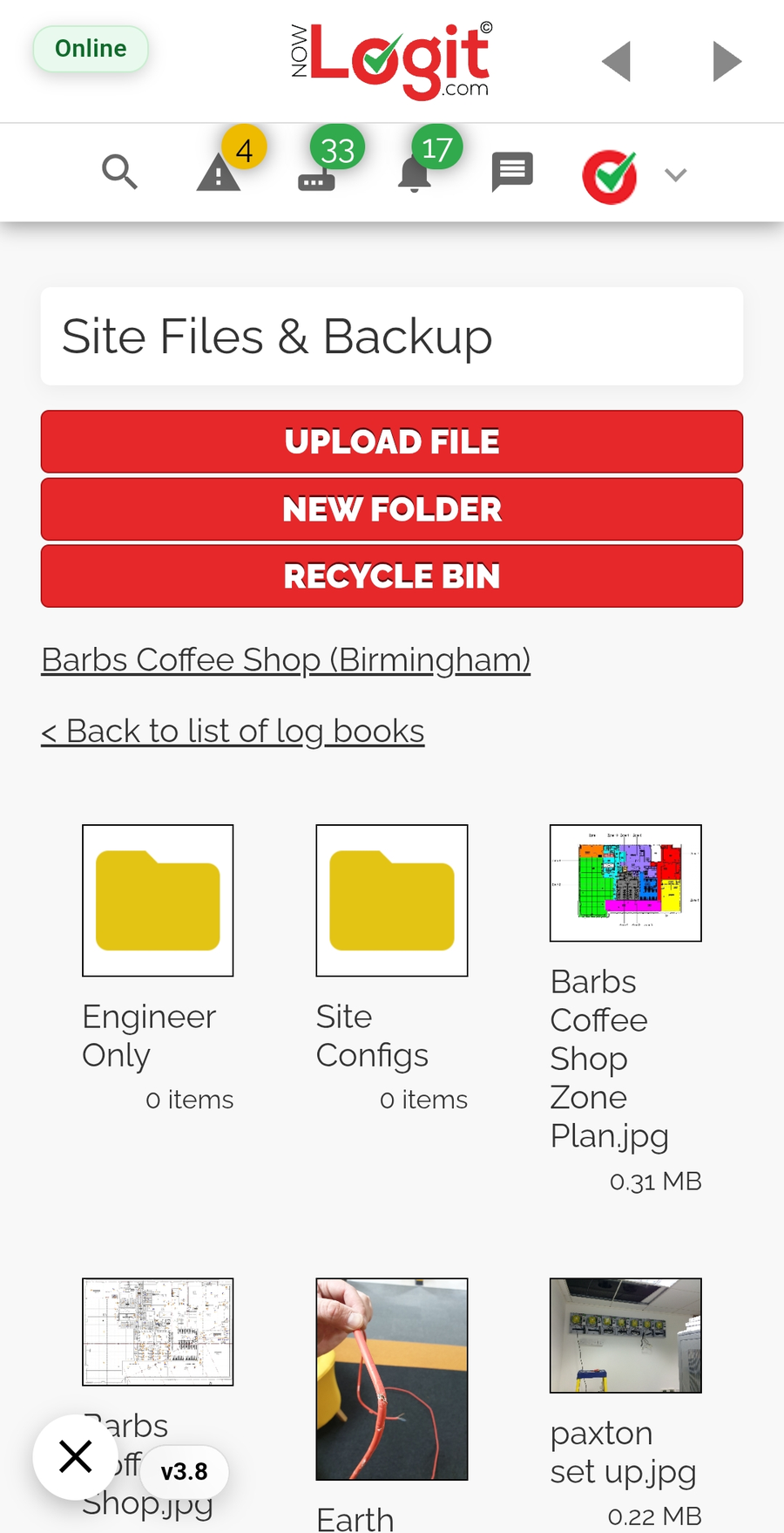 NowLogit V1 Site Files and Backup, showing configuration folders, a zone plan and site photographs