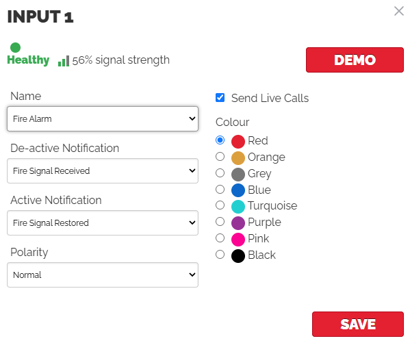 Actual NowLogit V1 input settings: event labels, notification messages, polarity, colour and Send Live Calls