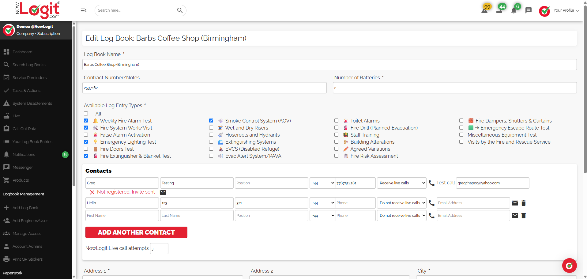 Actual NowLogit V1 logbook settings and selectable entry types
