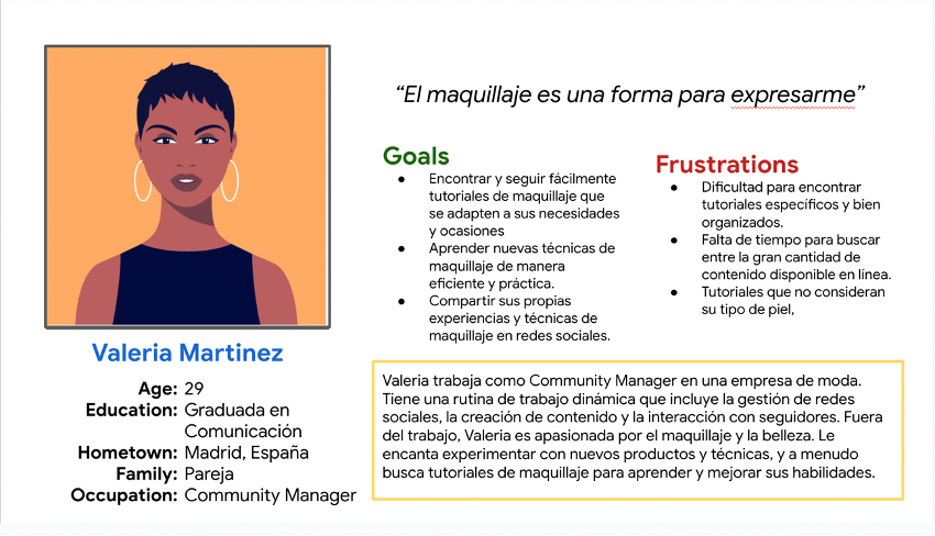 Persona created named Valeria Martinez, it contains all info, goals, frustrations, etc.