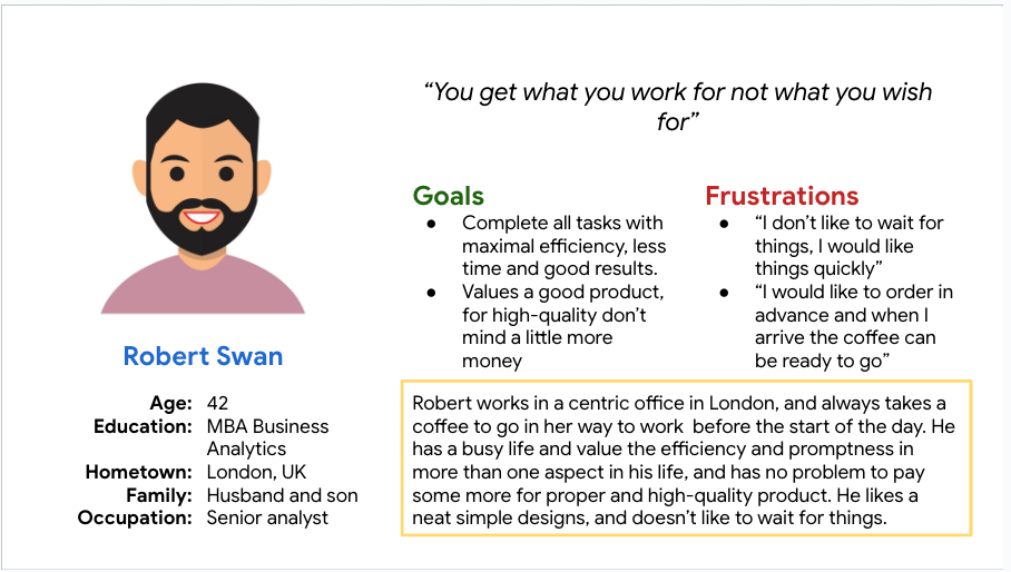 Persona created for the project named Robert Swan, it contains all the info, goals, frustration, etc.