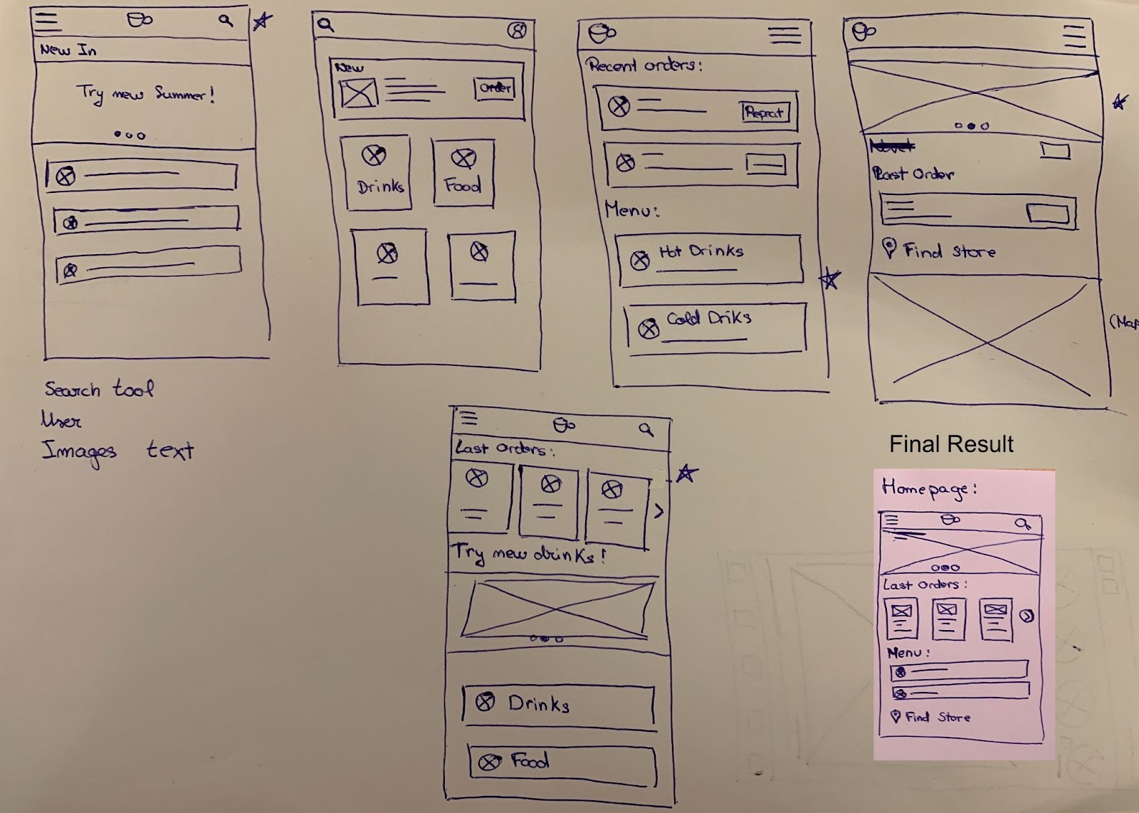 First iteration of the paper wireframes and the final result of their combination.