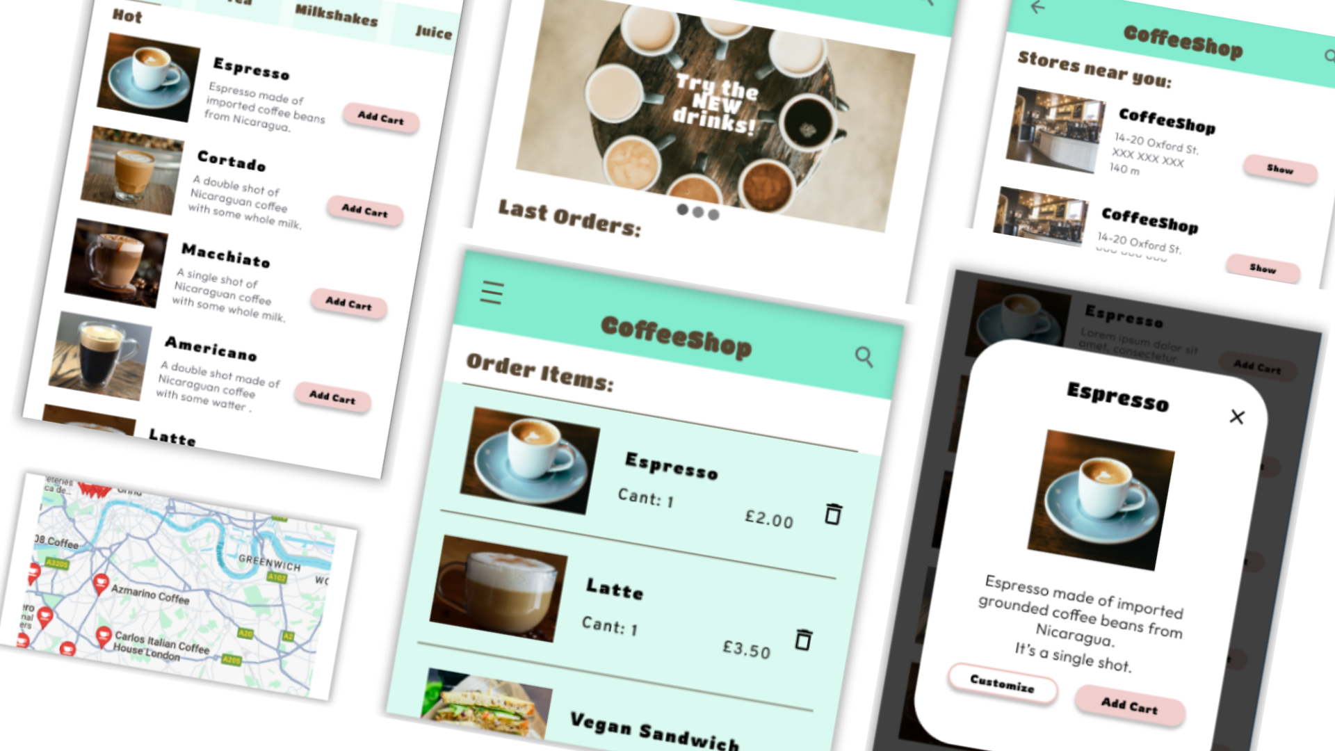 Screenshot of the prototype created for the project CoffeeShop, showcasing various pages and how are they connected.