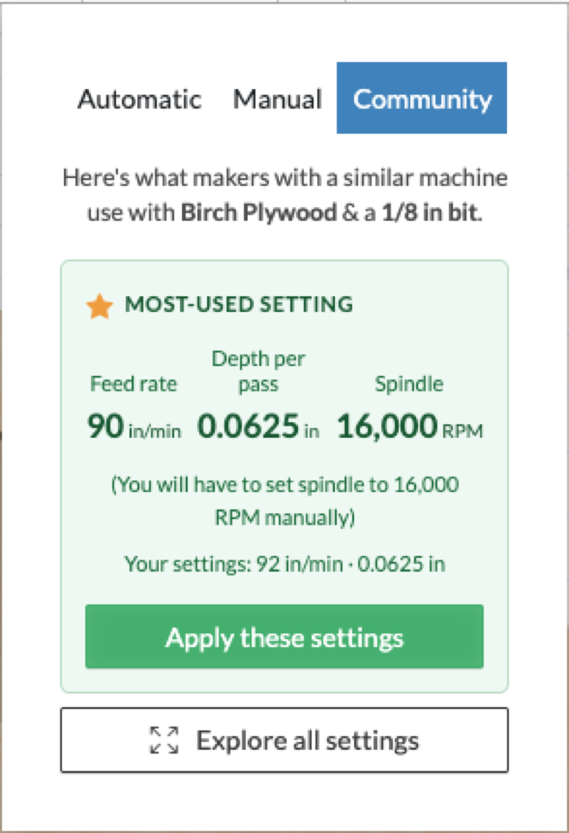 Community cut settings card showing proven feeds and speeds