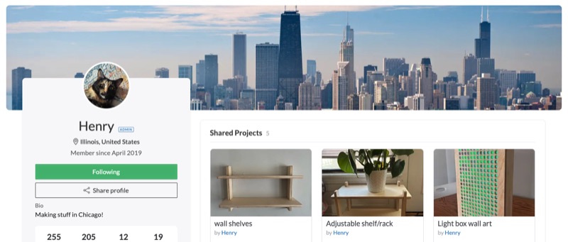 An Easel maker profile with cover image and achievement badges