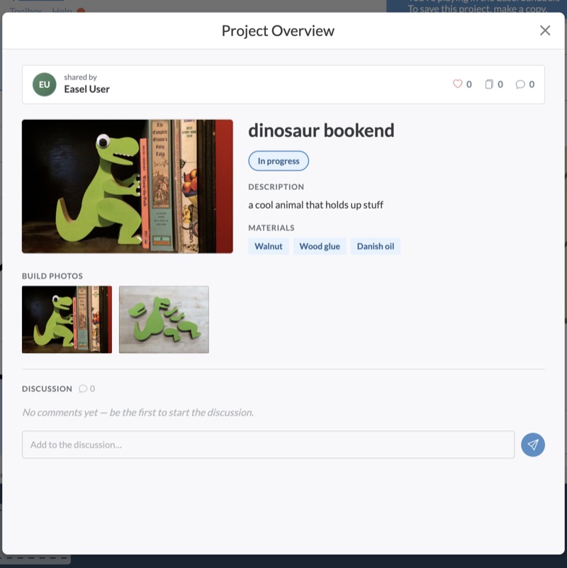 An Easel project overview page with photos and notes