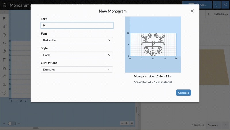 The Easel monogram generator building a three letter monogram