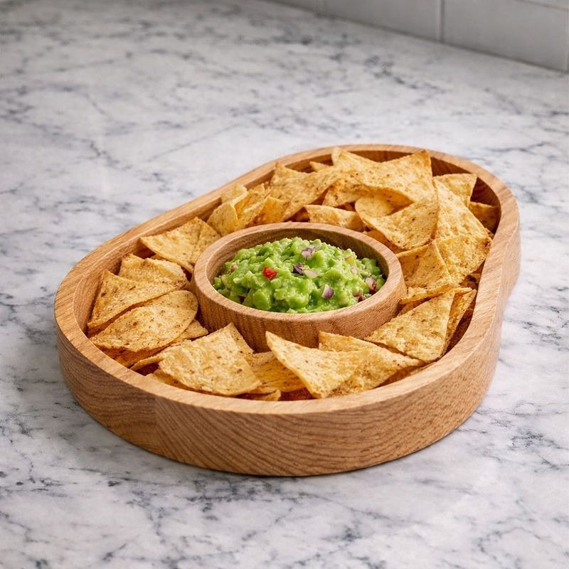 A round wooden serving dish holding tortilla chips around a bowl of guacamole.