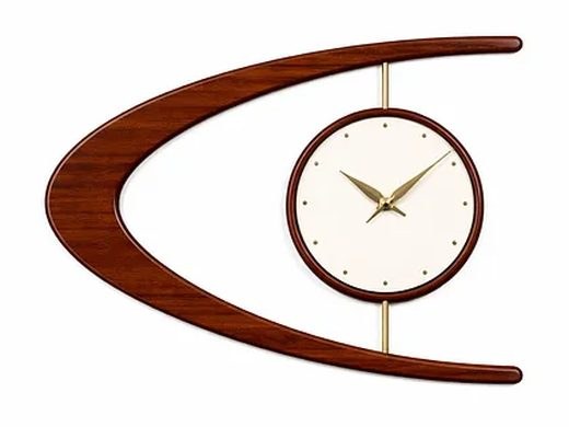 A midcentury modern style wooden wall clock.