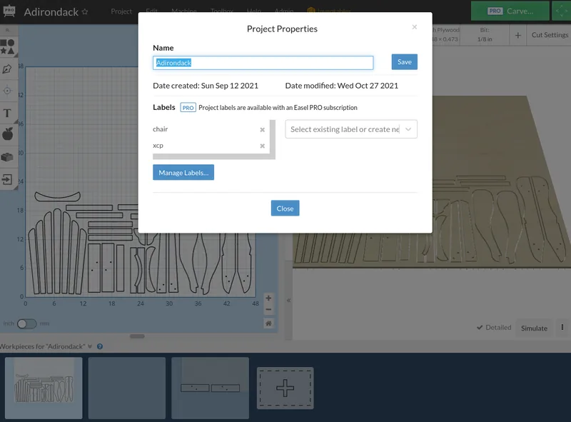 The Easel project properties dialog showing project labels