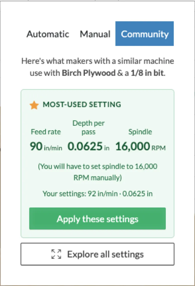 Community cut settings card showing proven feeds and speeds