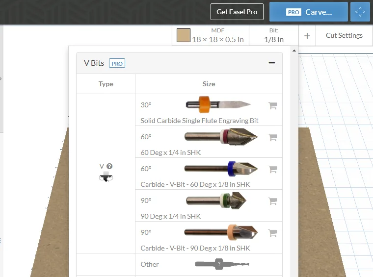 V bits used for V-carving in Easel