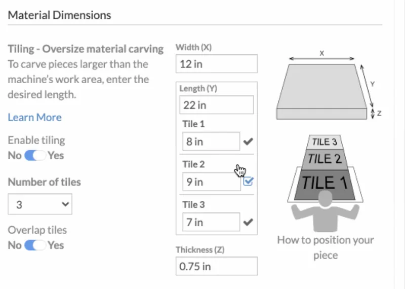 Tiling a carve across material longer than the work area
