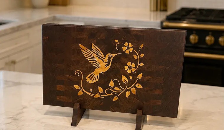 The finished walnut board with the hummingbird inlay, standing on a kitchen counter.