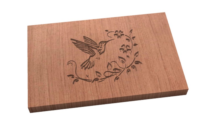 A 3D preview in Easel of the hummingbird design carved into a cherry board.