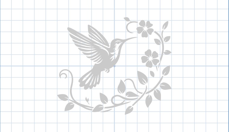 A hummingbird and flowering vine design drawn on the Easel canvas over a grid.