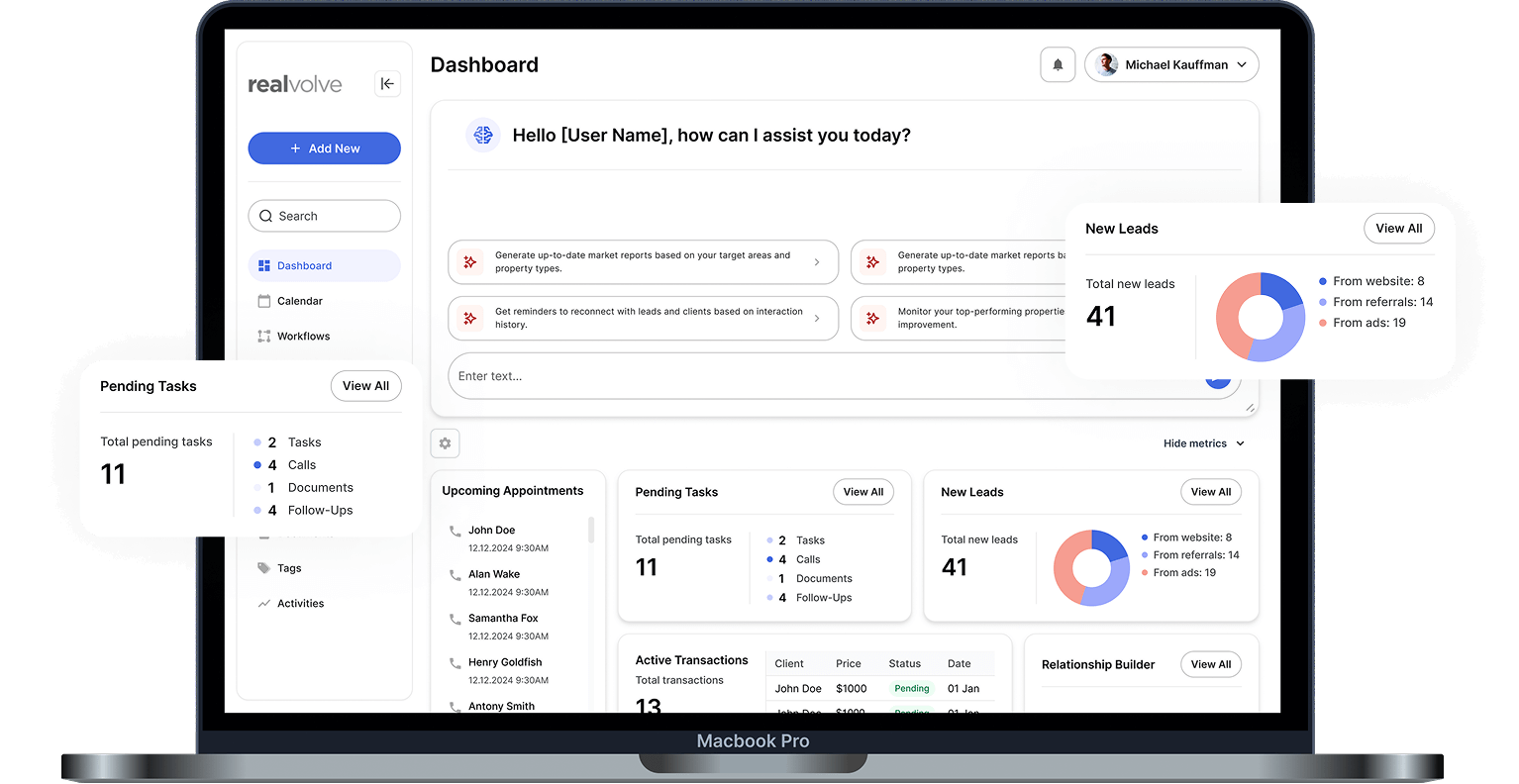 MacBook Pro displaying a realvolve dashboard with sections for pending tasks, new leads, upcoming appointments, and active transactions.