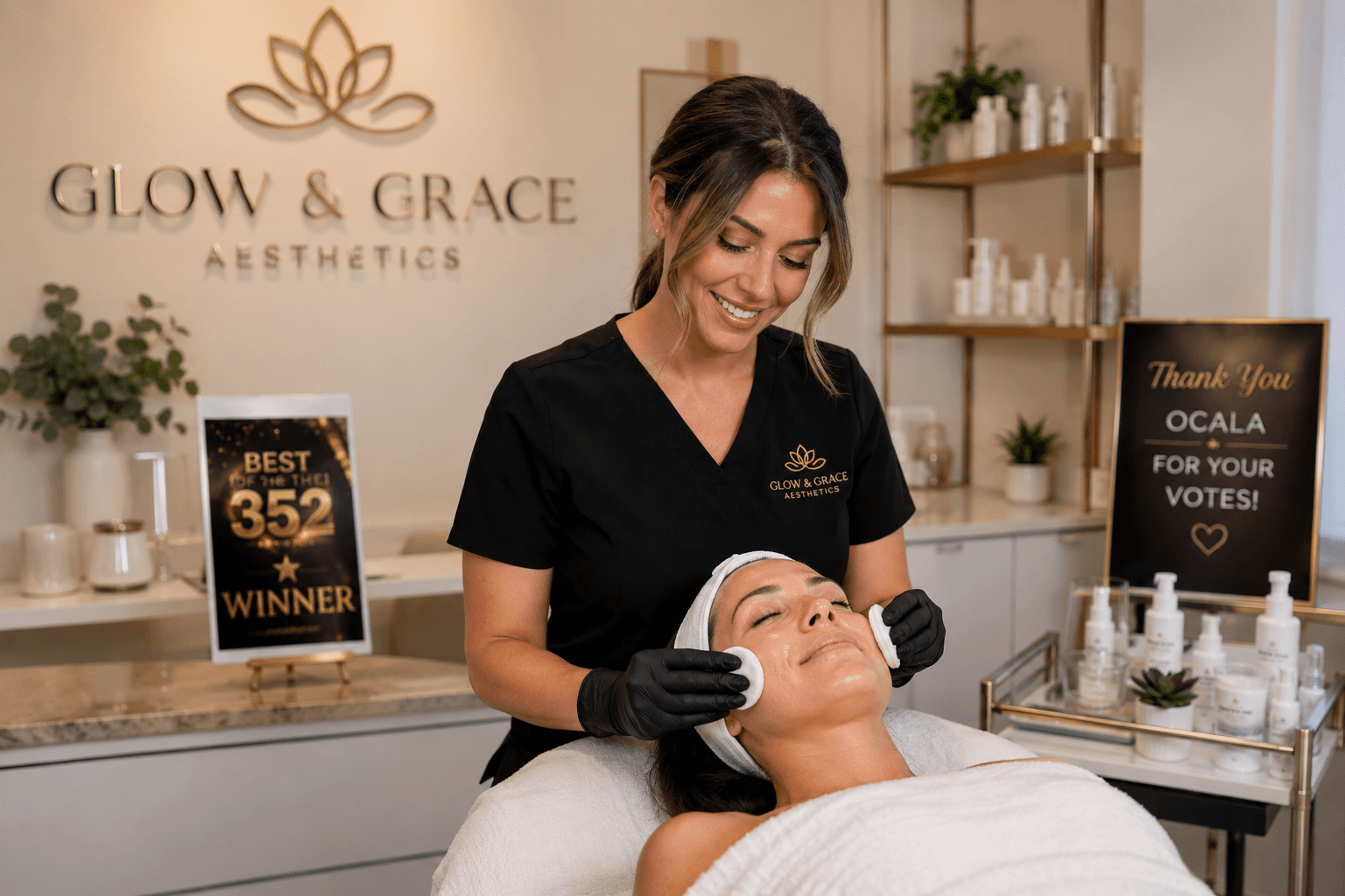Best of the 352 Gold and Silver award badge displayed at Glow and Grace Aesthetics in Ocala, Florida