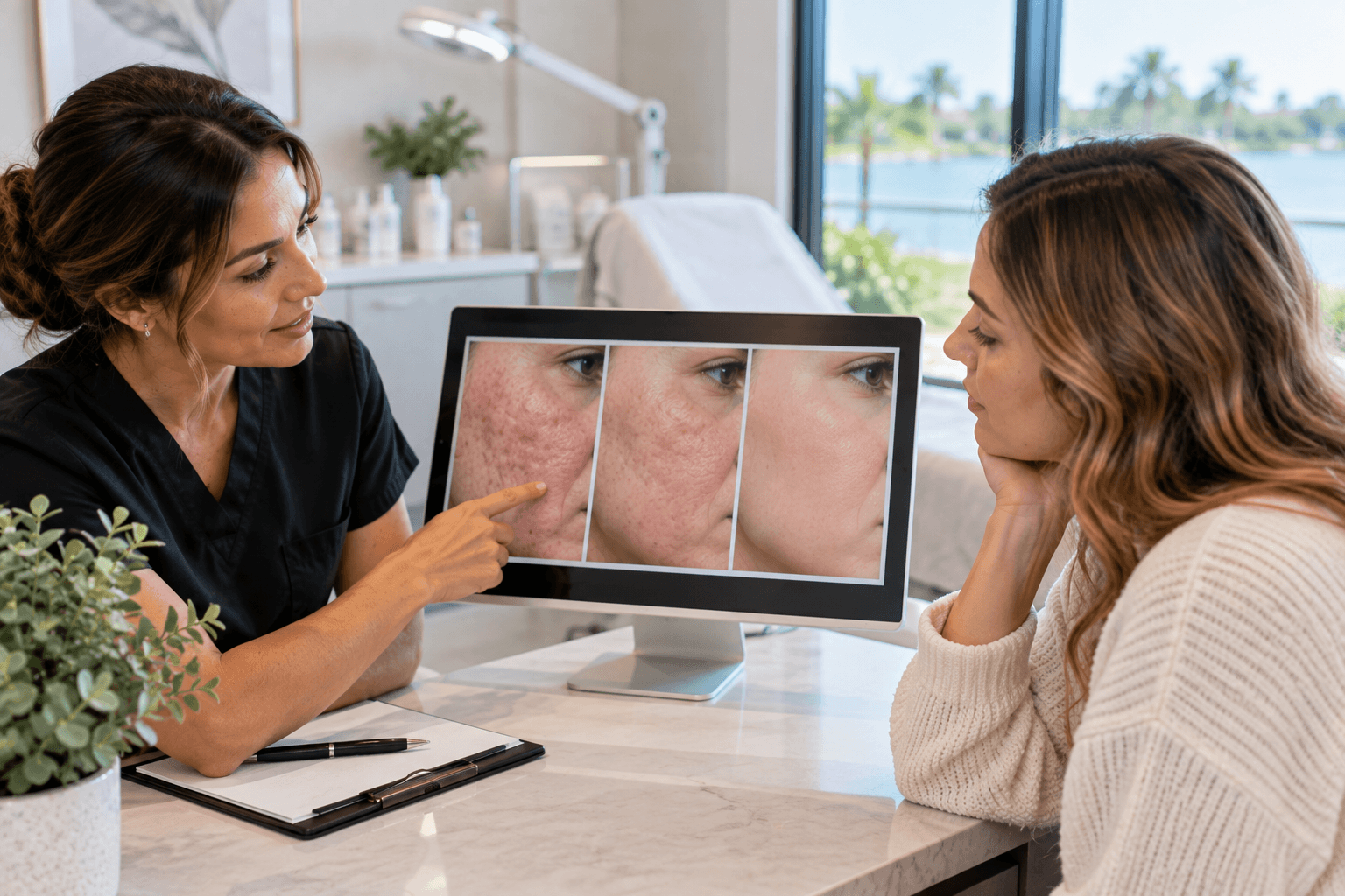 Esthetician consulting with a client at Glow and Grace Aesthetics LLC med spa in Ocala, Florida