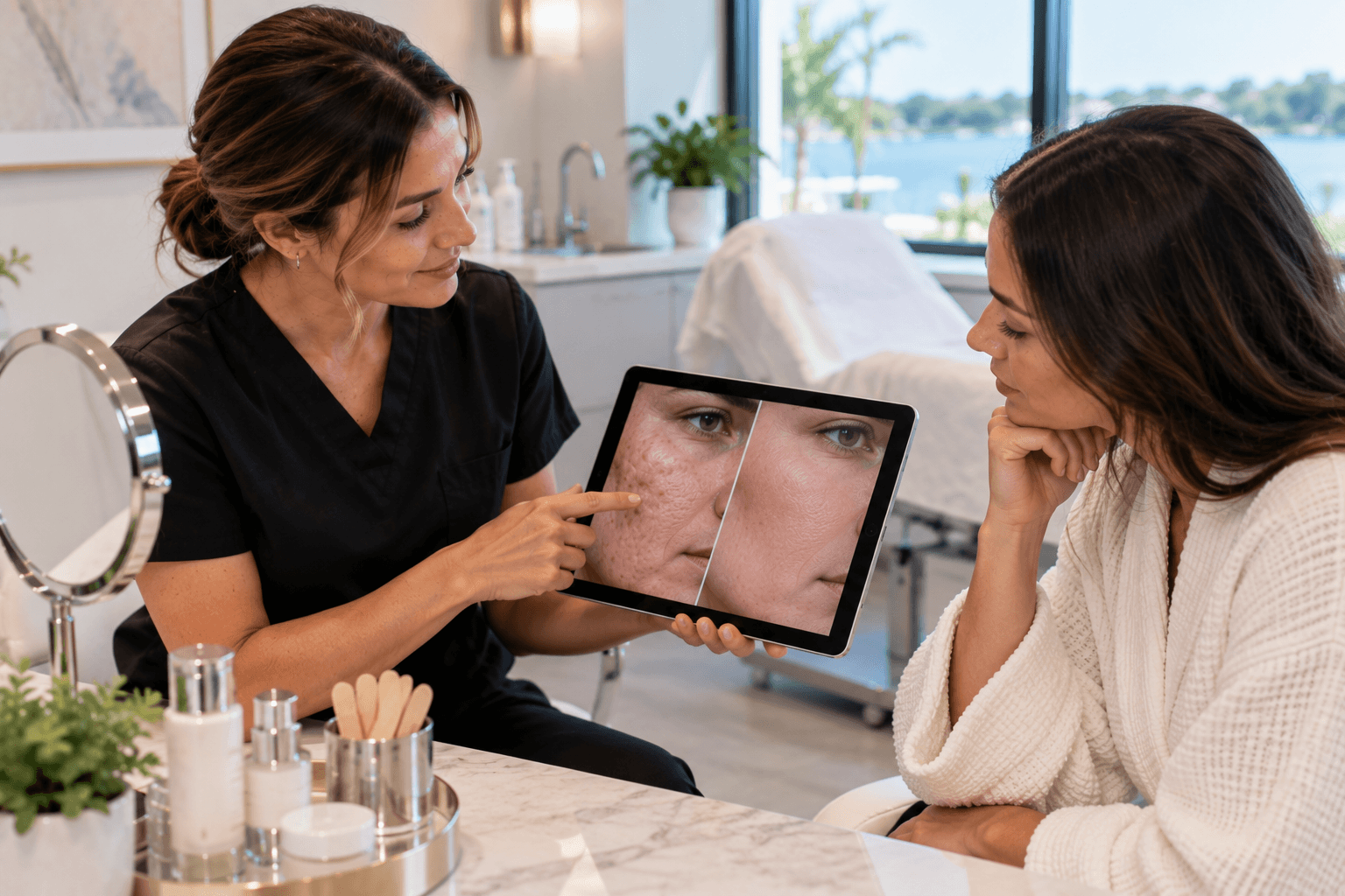 Client receiving microneedling for acne scar treatment at a med spa in Crystal River, Florida