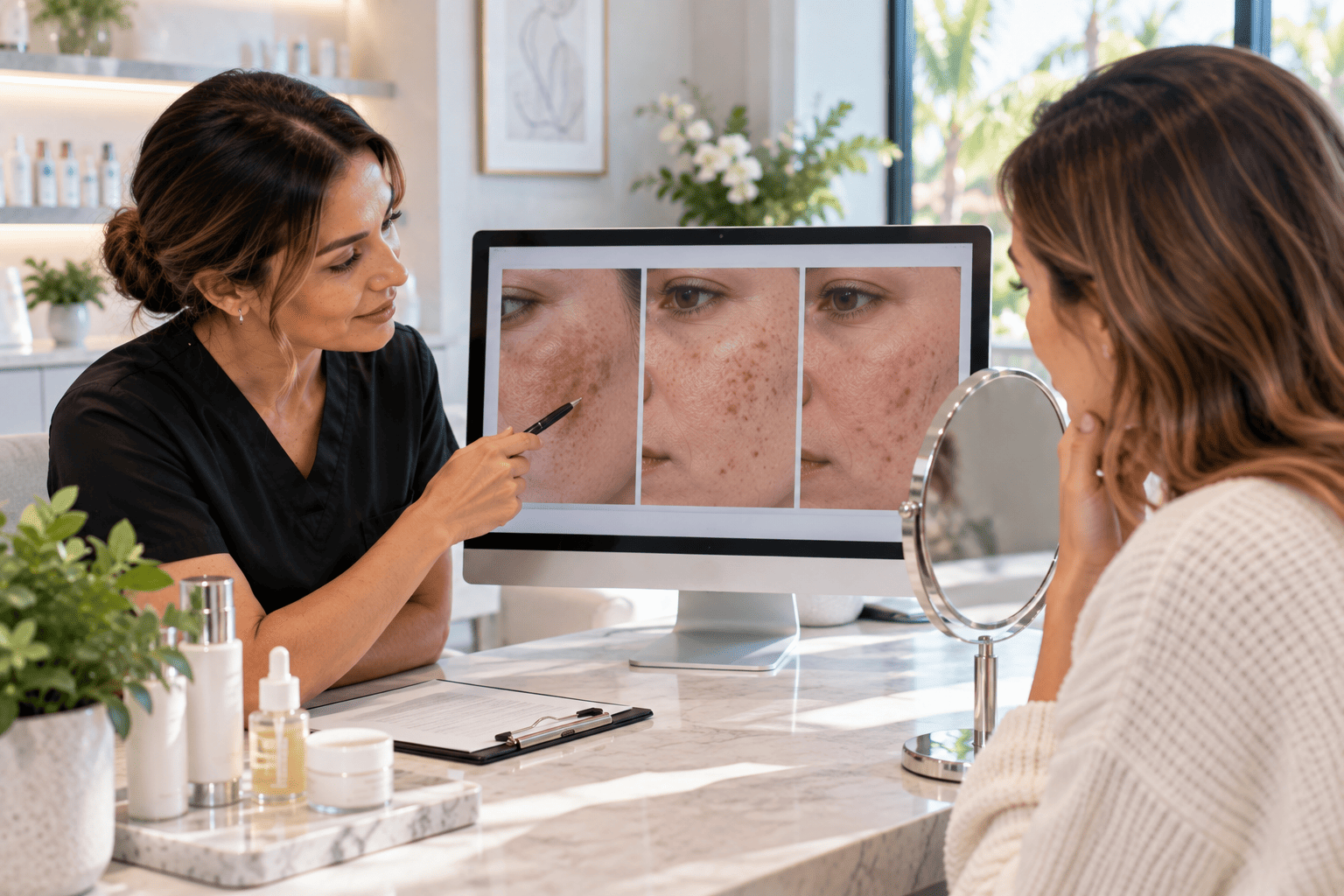 Close up of hyperpigmentation and uneven skin tone being assessed before treatment in Crystal River, Florida