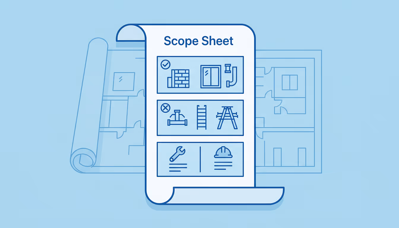 Scope Sheet definition, Scope Sheet in construction, what is Scope Sheet, Scope Sheet meaning, Scope Sheet glossary