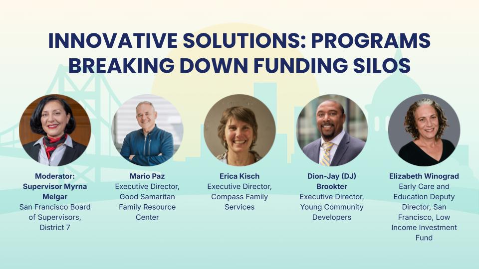 Innovative Solutions: Programs Breaking Down Funding Silos. Including headshots of the moderator Supervisor Myrna Melgar and panelists Mario Paz, Erica Kisch, Dion-Jay (DJ) Brookter, and Elizabeth Winograd