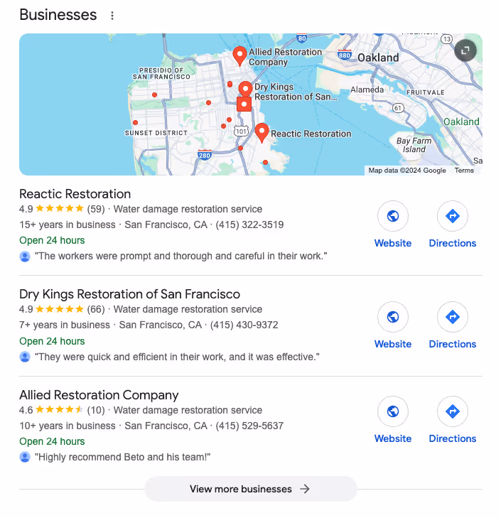 A screenshot of local pack results on Google in San Francisco when searching for restoration companies