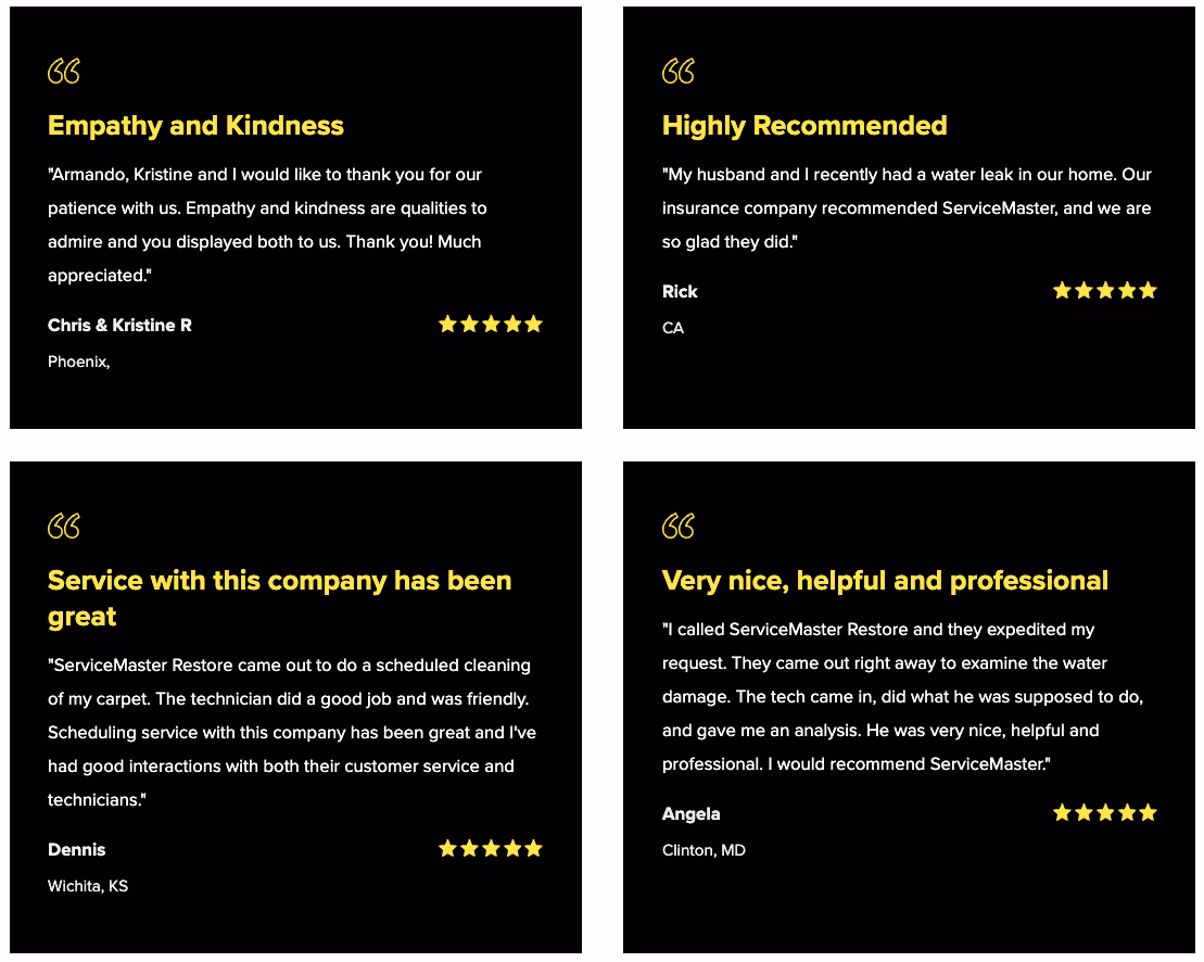A screenshot of four testimonials on the ServiceMaster Restore website