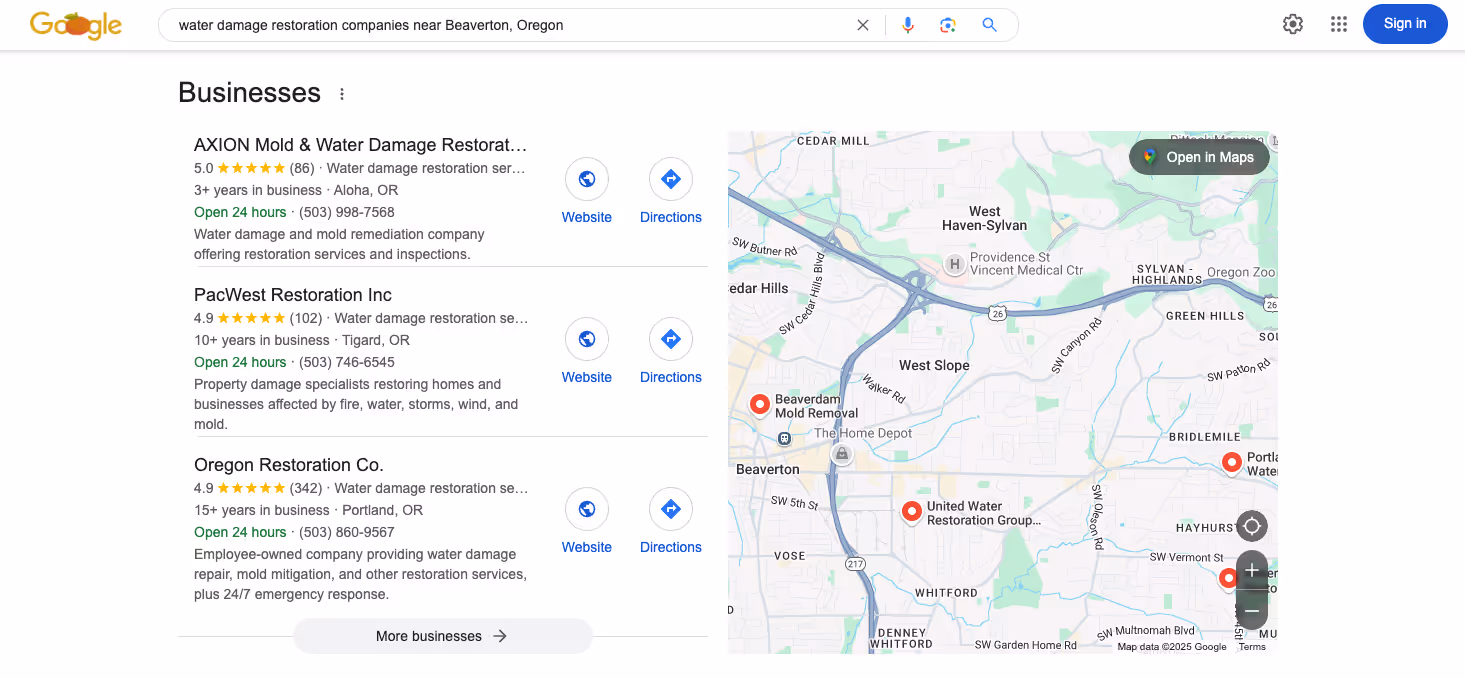 The local pack results on Google for the search ‘water damage restoration companies near Beaverton, Oregon.‘