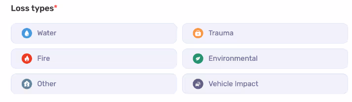 Six buttons of loss types, including water, fire, other, trauma, environmental, and vehicle impact.