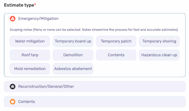 Options to select estimate types for emergency/mitigation, reconstruction/general/other and contents, with emergency options expanded.