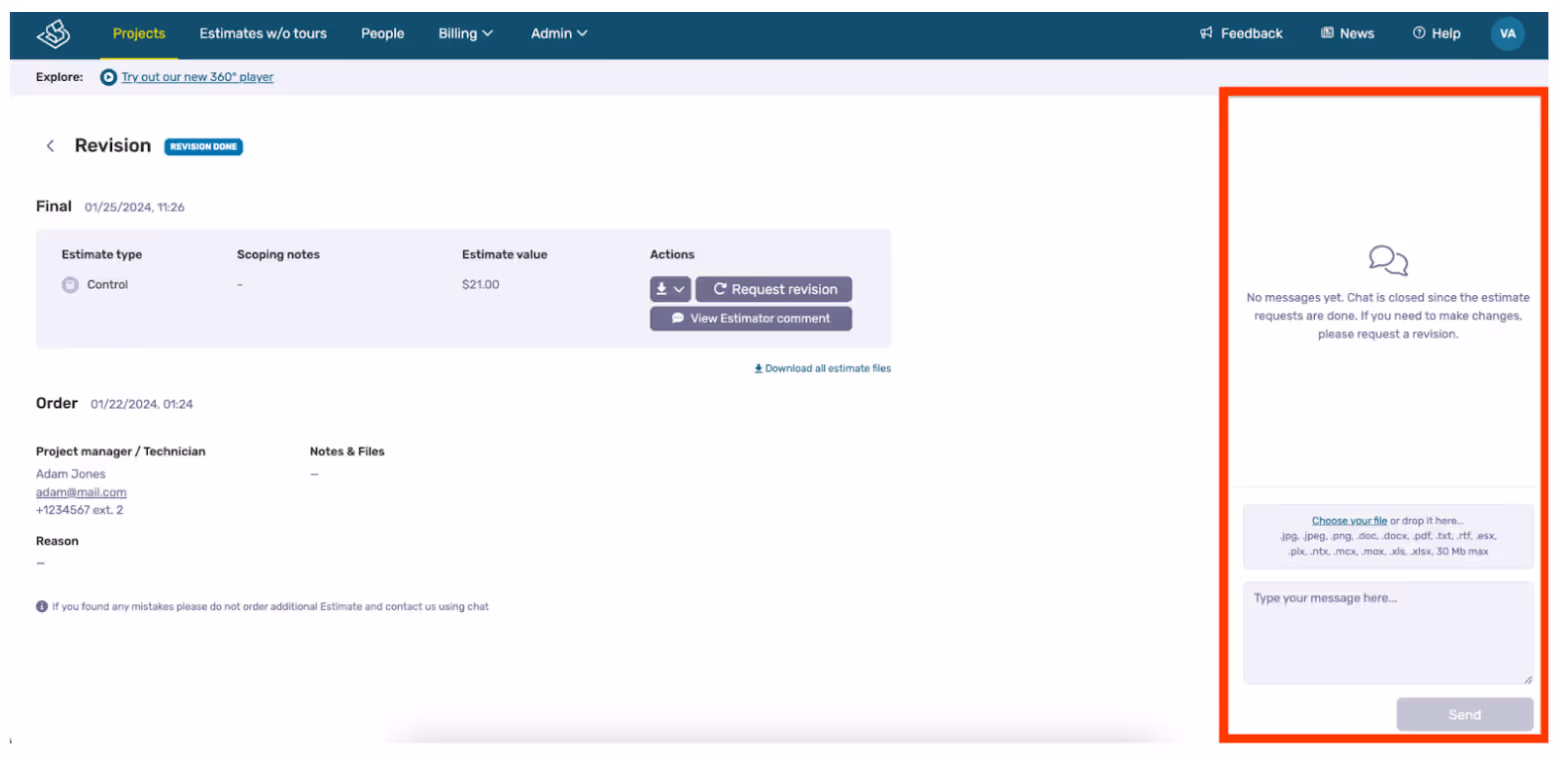 Screengrab within DocuSketch in ‘Revision’ with the estimate chat feature highlighted in red.