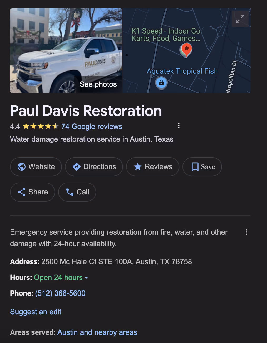 Google search results for Paul Davis emergency services in Austin, TX.