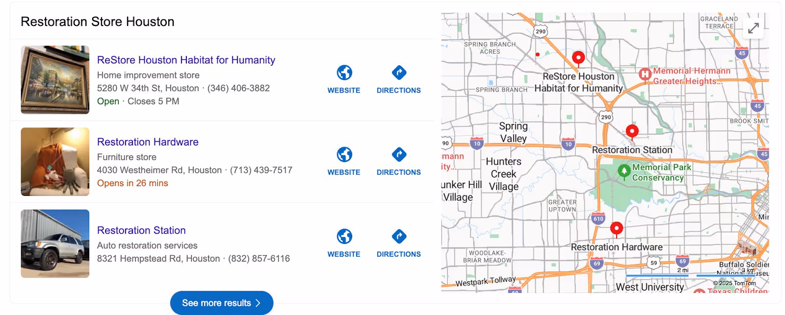 A screenshot of Bing Places for Restoration Stores in Houston