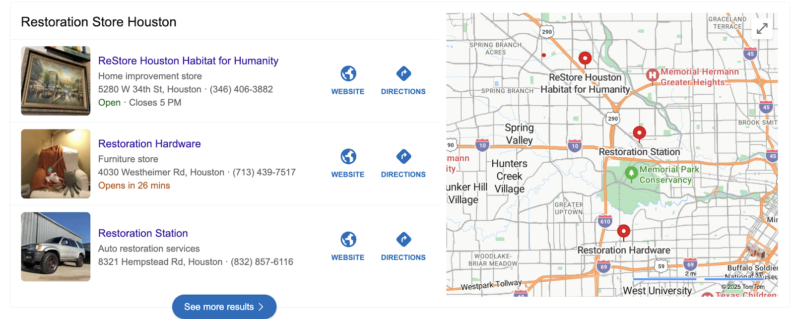 A screenshot of Bing Places for Restoration Stores in Houston