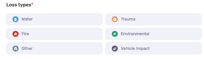 Six buttons of loss types, including water, fire, other, trauma, environmental, and vehicle impact.
