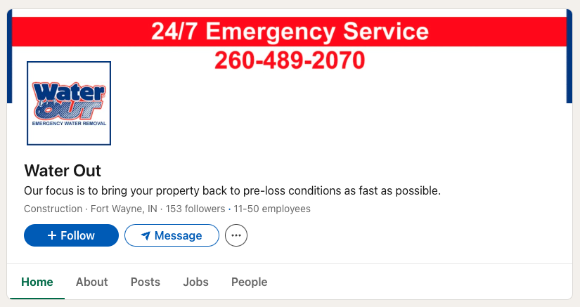 Water Out LinkedIn profile with 24/7 emergency service banner and company details.