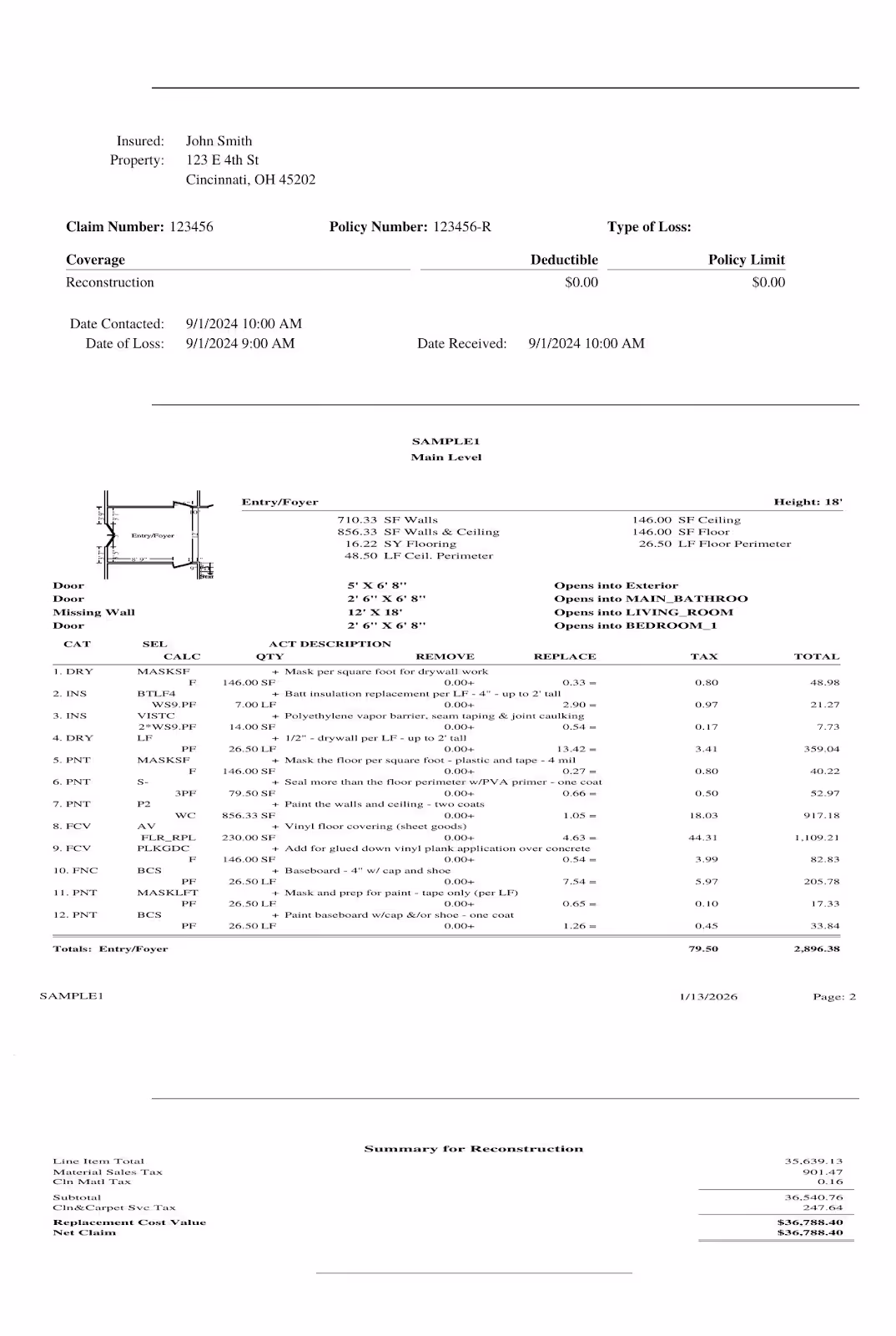 Complete Xactimate estimate sample showing sketch, line items, scope of work, and pricing details for a water damage restoration project