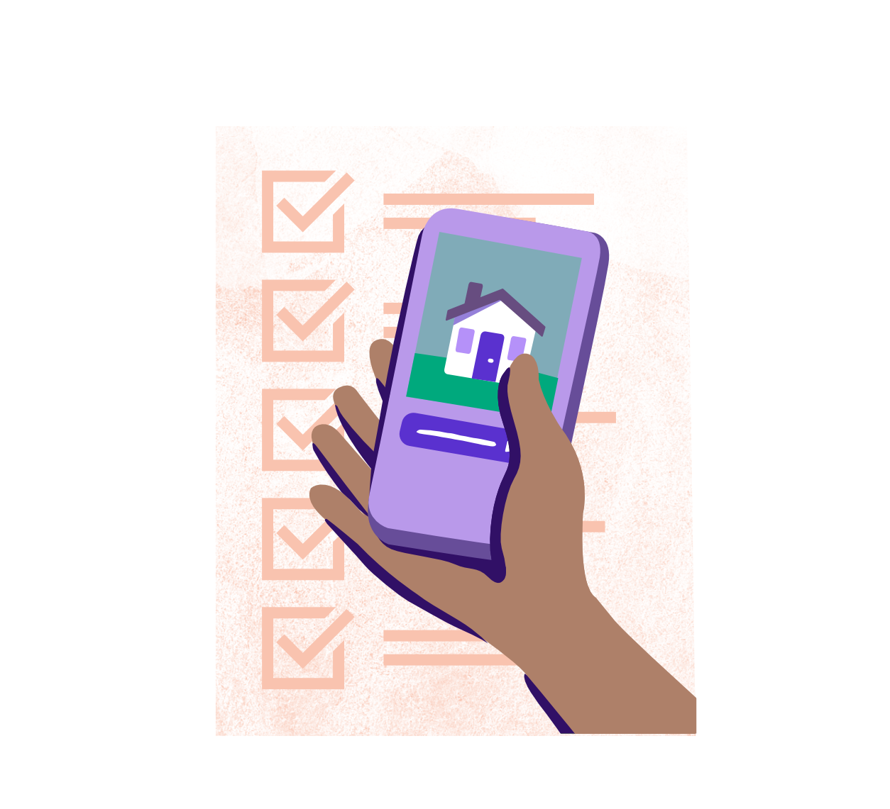 Hand holding a smartphone displaying a house icon, with a checklist of checked boxes in the background.