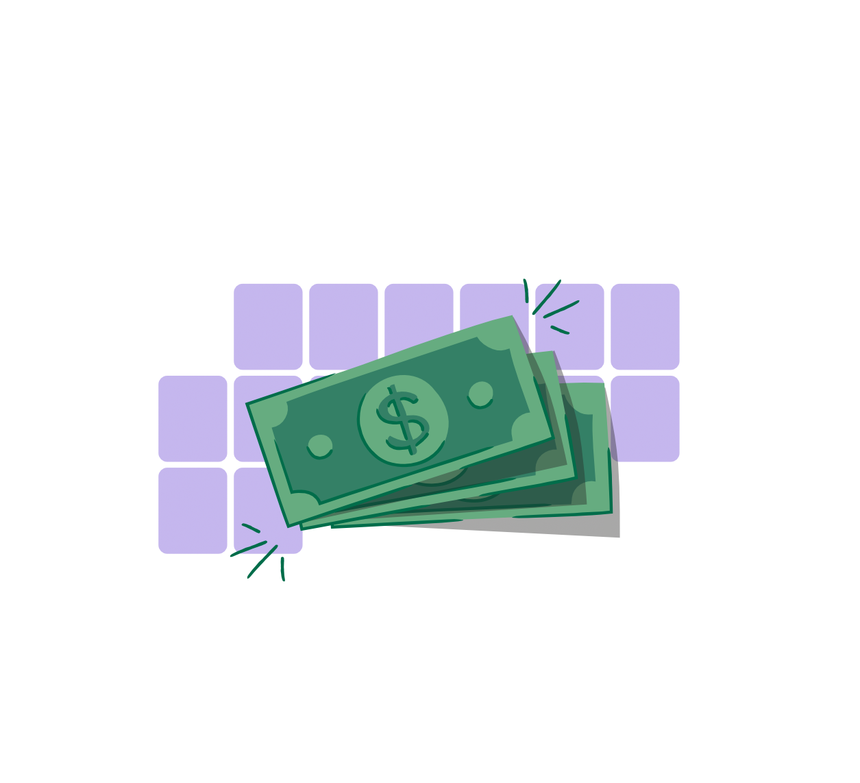 Calendar highlighting 14 days with stacked dollar bills in front, symbolizing closing cash in two weeks.