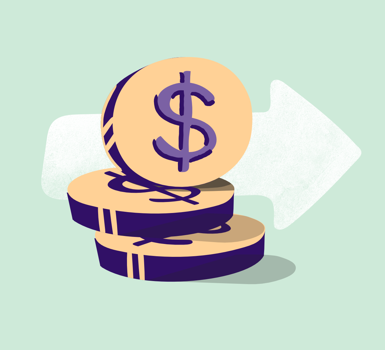 Stack of three coins with dollar signs in front of a large right-pointing arrow on light green background.