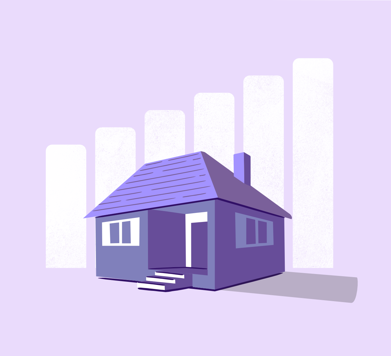 Illustration of a purple house with white windows and steps in front, set against a background of ascending white bar chart columns.
