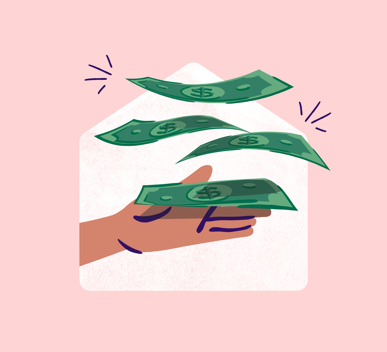 Illustration of a hand releasing flying dollar bills inside a house shape on a pink background.