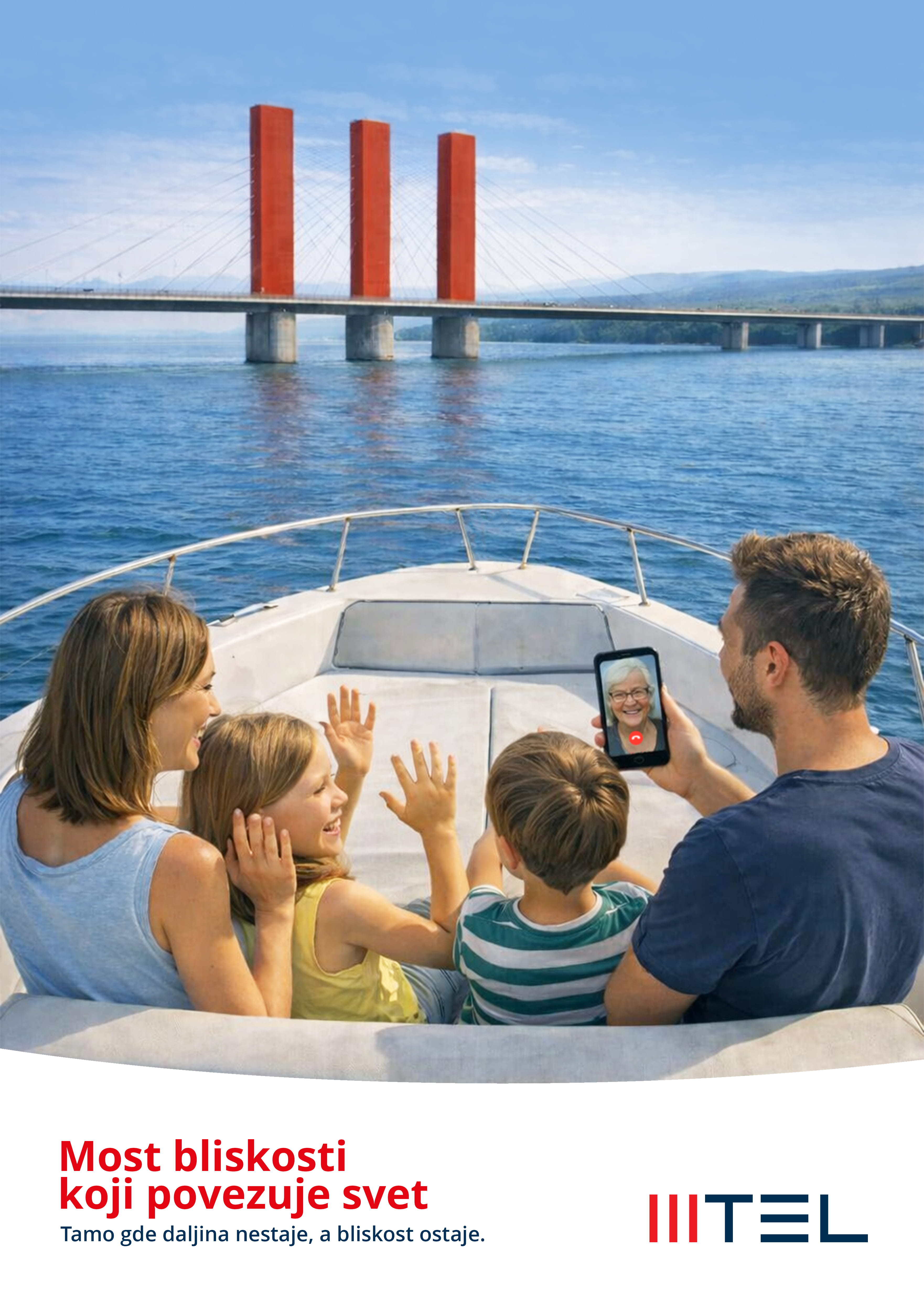 Family on a boat video calling an elderly woman with a large bridge in the background over water.