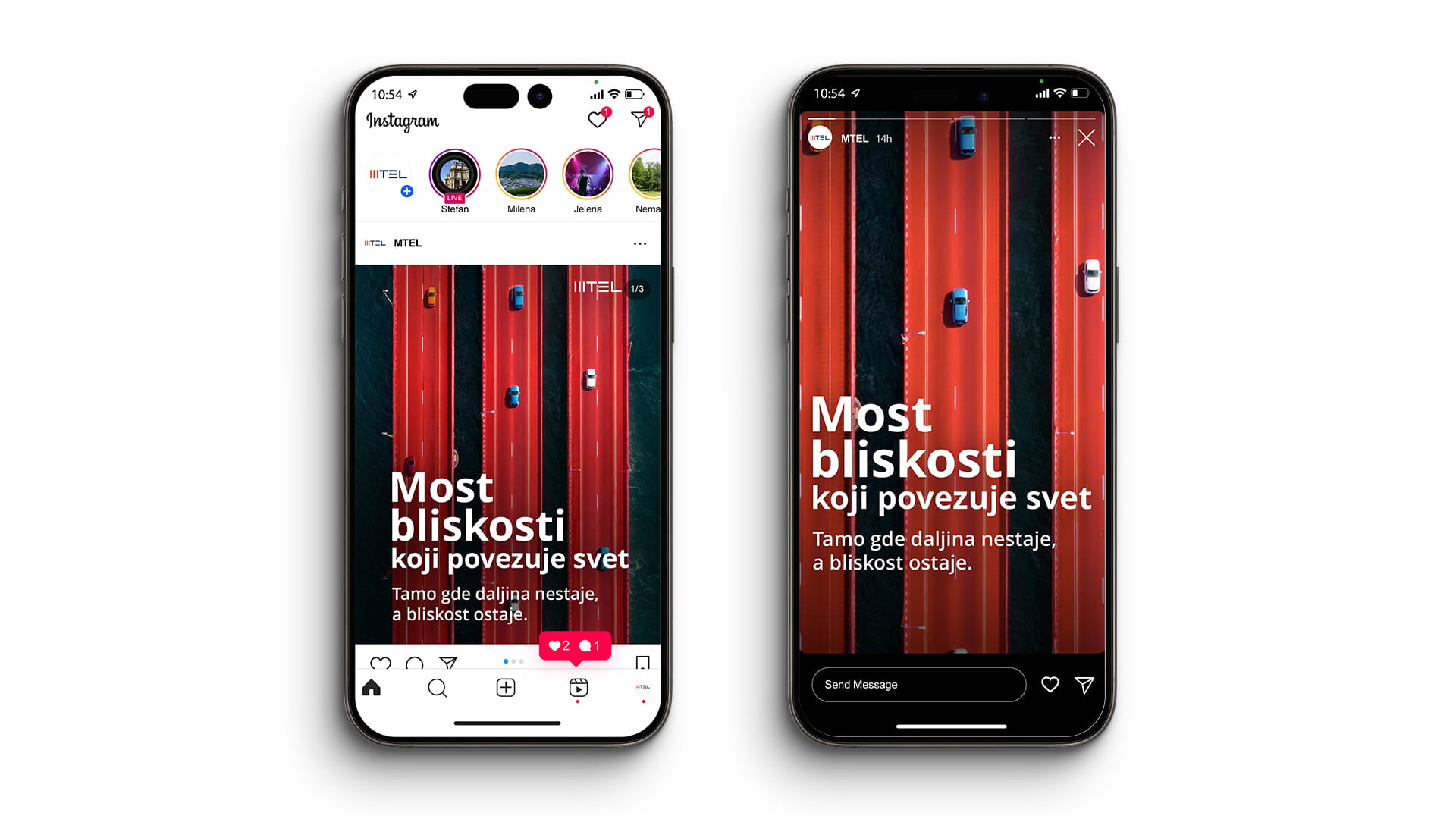 Two smartphones showing Instagram posts with a red bridge and the text Most bliskosti koji povezuje svet.