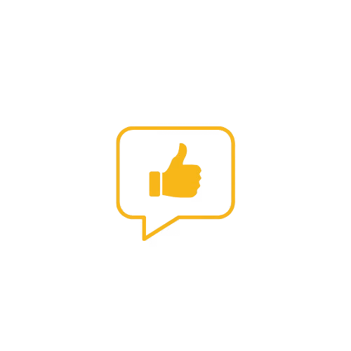 Yellow icon with a speech bubble and a hand doing a thumbs up.
