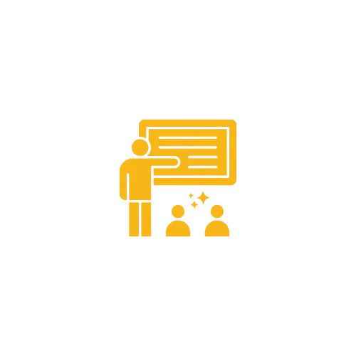 Yellow icon with a teacher pointing at a whiteboard.