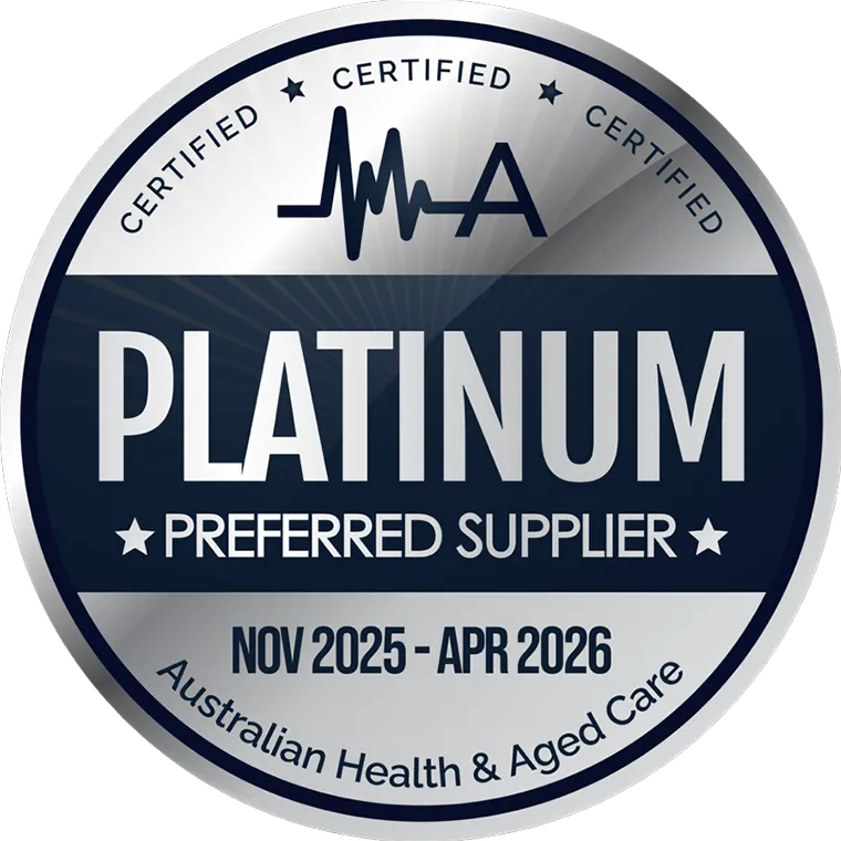Platinum Preferred Supplier badge for Australian Health & Aged Care, valid from November 2025 to April 2026.