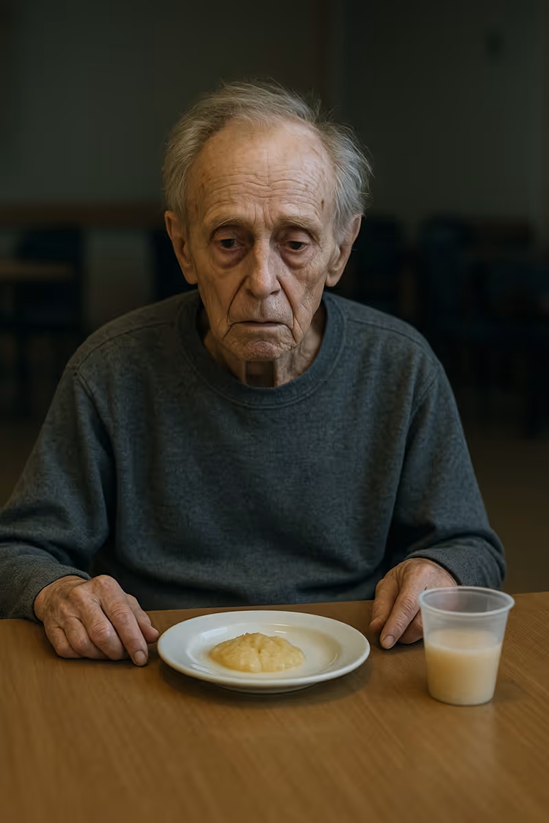 Elderly man sitting alone at table with minimal meal and drink.